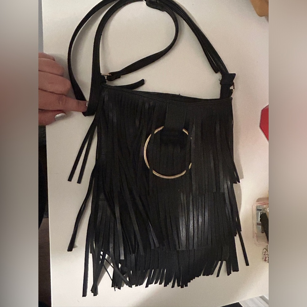 Black leather fringe crossbody purse w/ gold handle and adjustable strap option